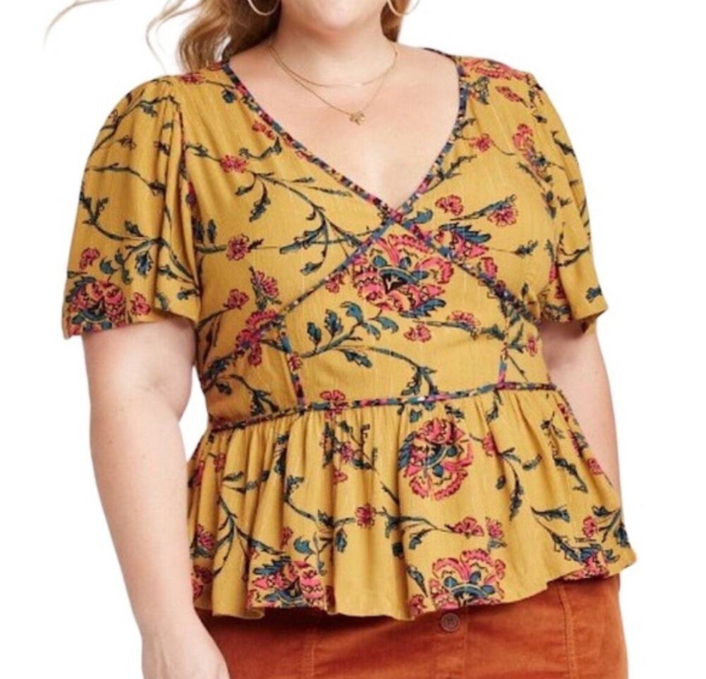 Knox Rose Textured Floral Top Yellow Blue Deep V-Neck Smocked Short Sleeve Sz 2X